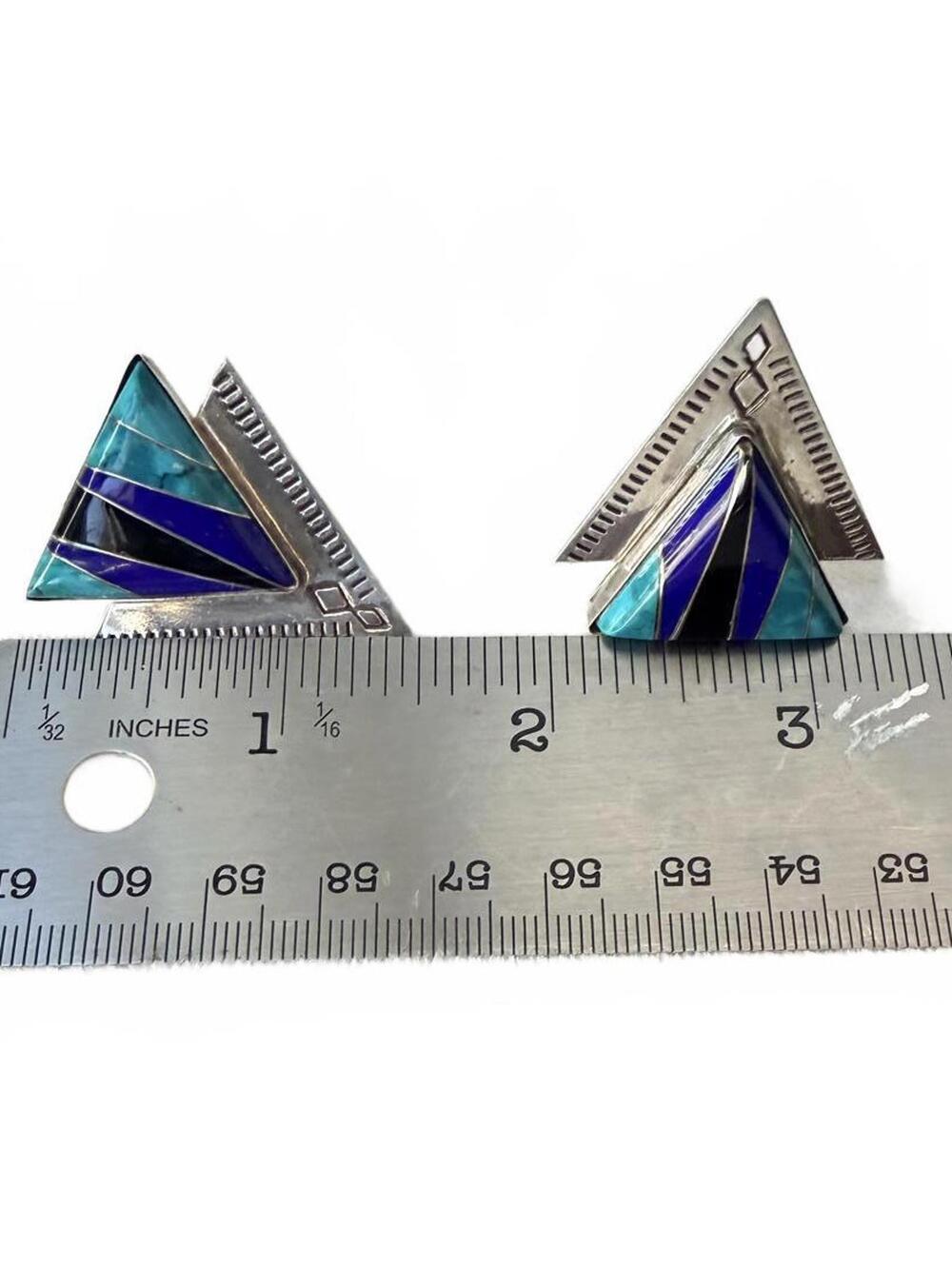 Sterling Inlay Triangle Earrings Lapis Turquoise SW - Picture 6 of 7